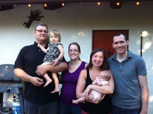 The cousins meet! Isaac, Elise (20 months), Anna (due in December), and us!